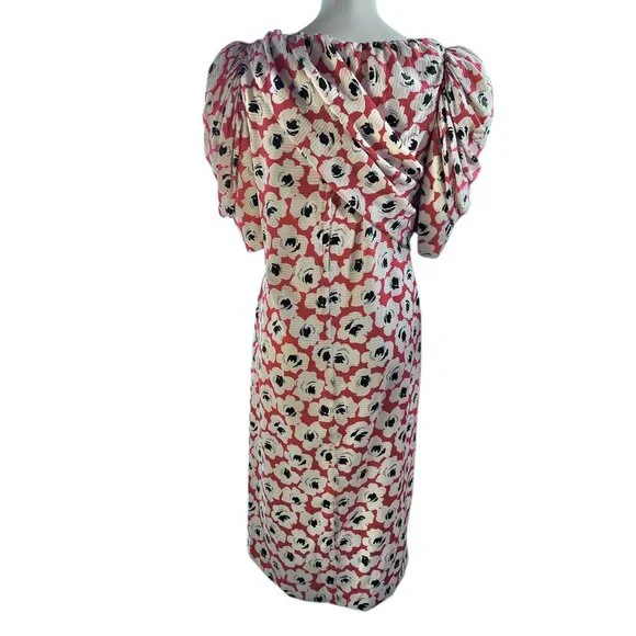 Digna Yero Sakowitz Womens Dress Size 10 Red Blk Wht Puff Sleeves & Draped Yoke - Picture 5 of 16